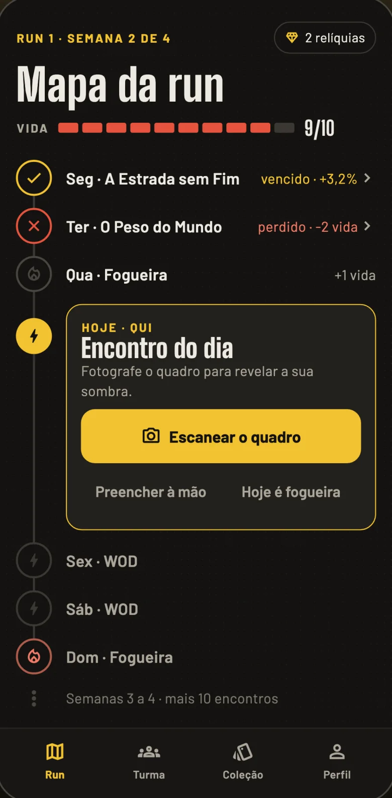 Mapa da run com a barra de vida e os encontros da semana